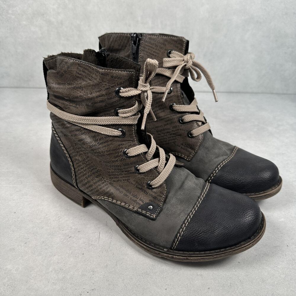 Rieker Boots Womens Size 9 Brown Combat Payton 22 Newspaper Print Lace up